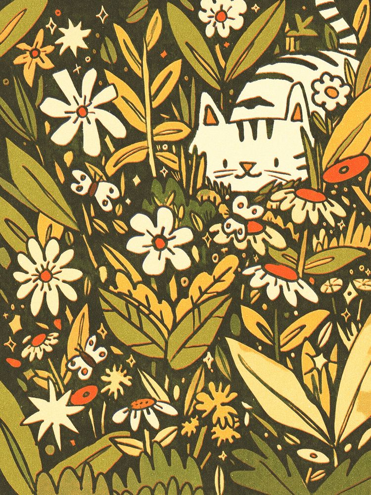 A digital drawing of a page filled with leaves and flowers! Up in the right corner is a white, striped cat sneaking up towards one of the butterflies in the page. It looks like it's happily hunting!