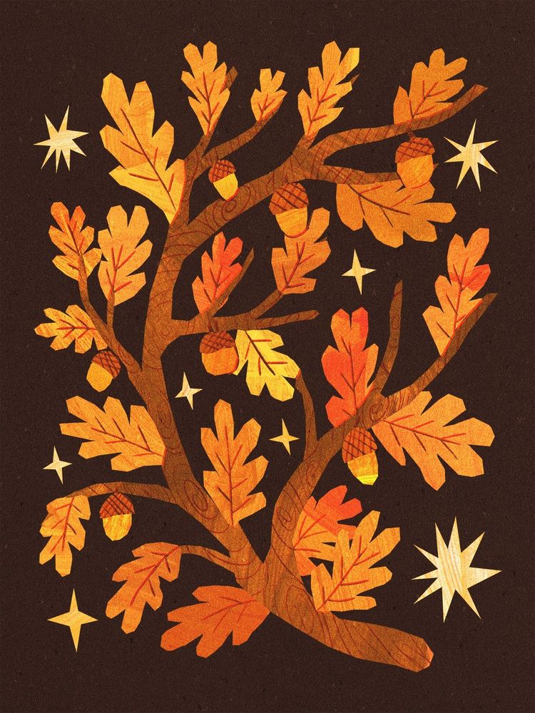 A digital drawing in a very angular, collage like style, featuring an autumnal branch on a dark background. The branch and the leaves are all warm autumnal colours, and there are a few acorns.