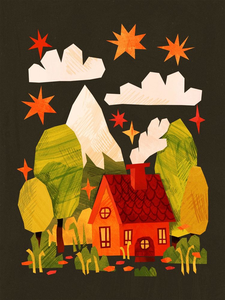 A digital drawing in a painted paper collage style, featuring a scene with a little red cottage, a mountain and trees against a dark background. There are also clouds and stars.
