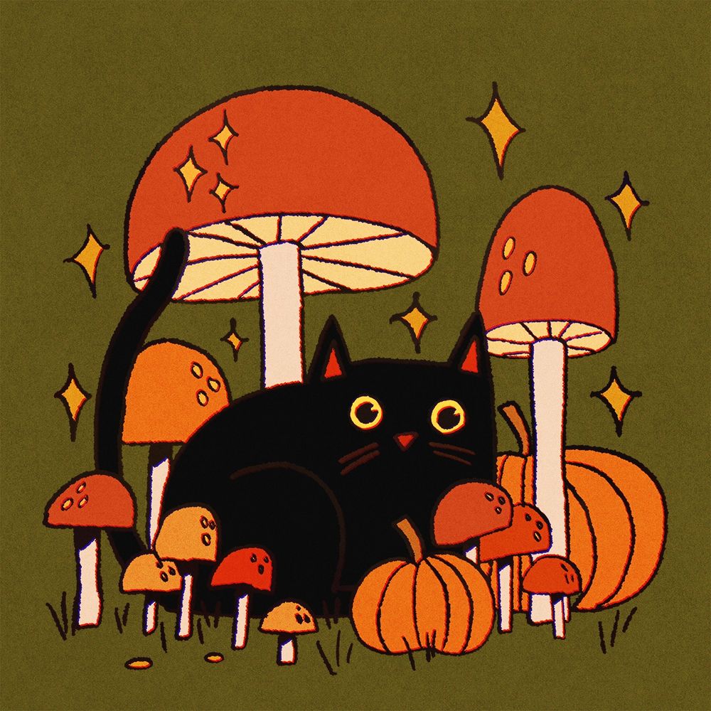 A digital drawing featuring a black cat sitting among some mushrooms and pumpkin. 