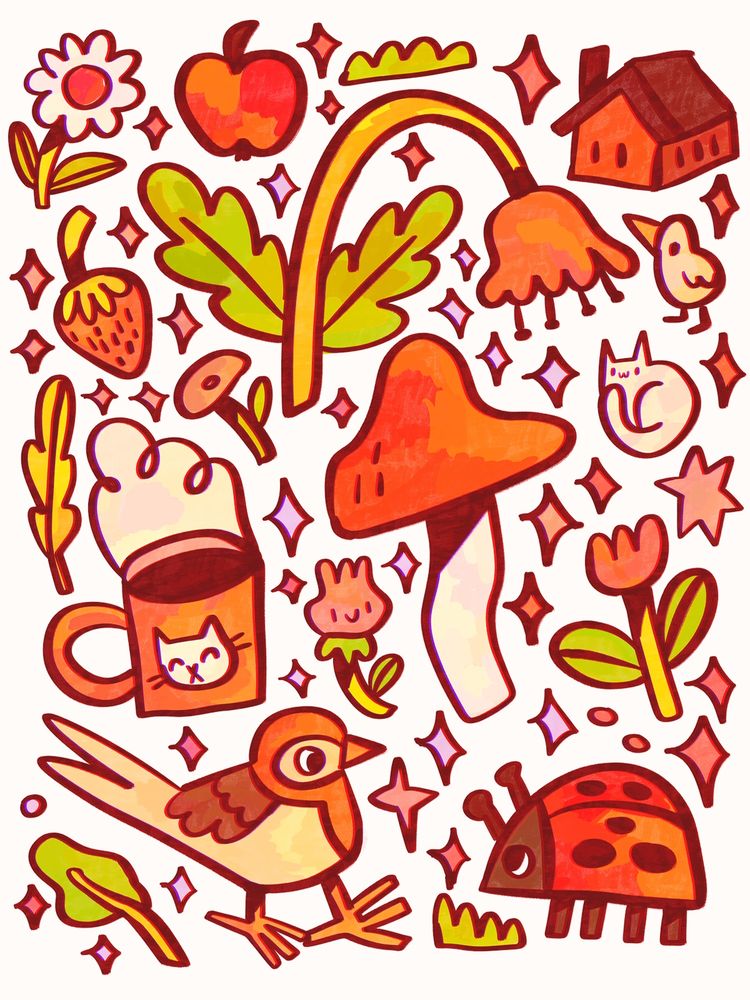 A digital drawing featuring bold, smooth lineart and lots of drawn objects scattered around the page. Flowers, mushrooms, an apple, a bird, a ladybug and so on.