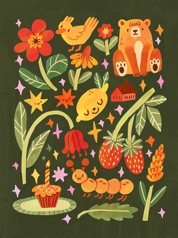 A digital drawing featuring an assortment of cute things scattered on a page: flowers, a lemon, a cupcake with a candle in it, a caterpillar, strawberries, and a bear.