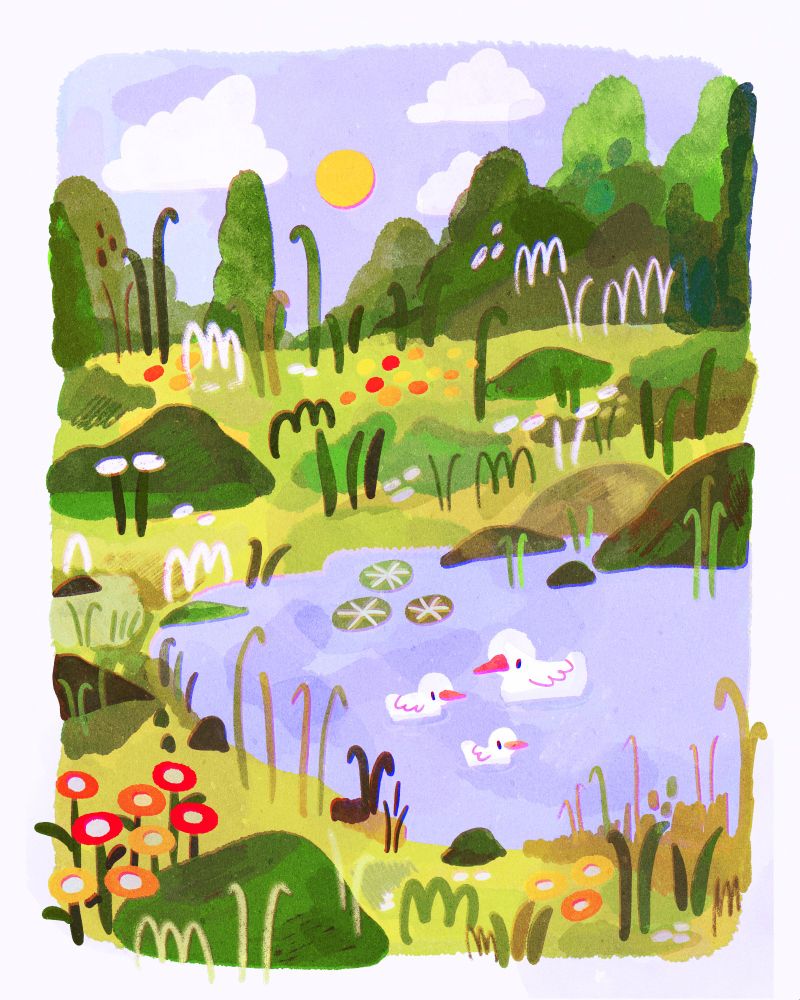 A digital drawing of a lush landscape with a little lake and three little ducks swimming in it. Around them are hills and grass. The colour palette uses a lot of green.