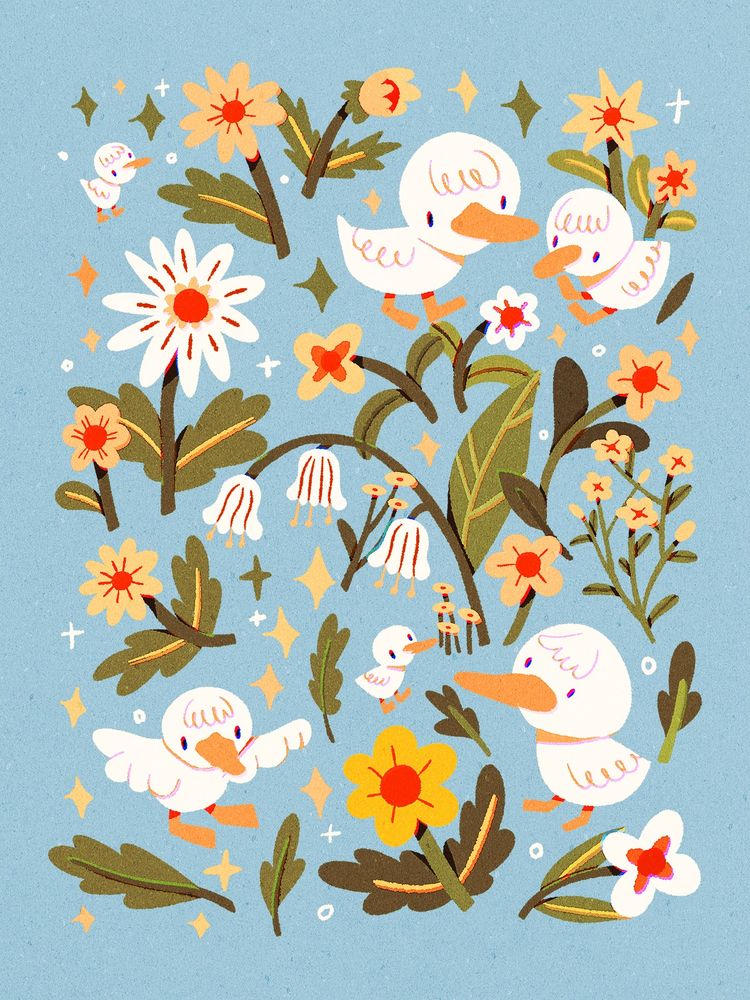 A digital drawing of lots of white ducklings on a light blue background, surrounded by flowers, leaves and sparkles.