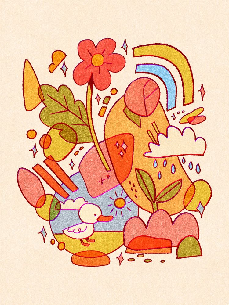 A digital drawing of some abstract shapes combined with some cute figurative elements. Among the soft, overlapping abstract shapes is a duck on a sunny day, a flower and a cloud. The colours are nice and happy.