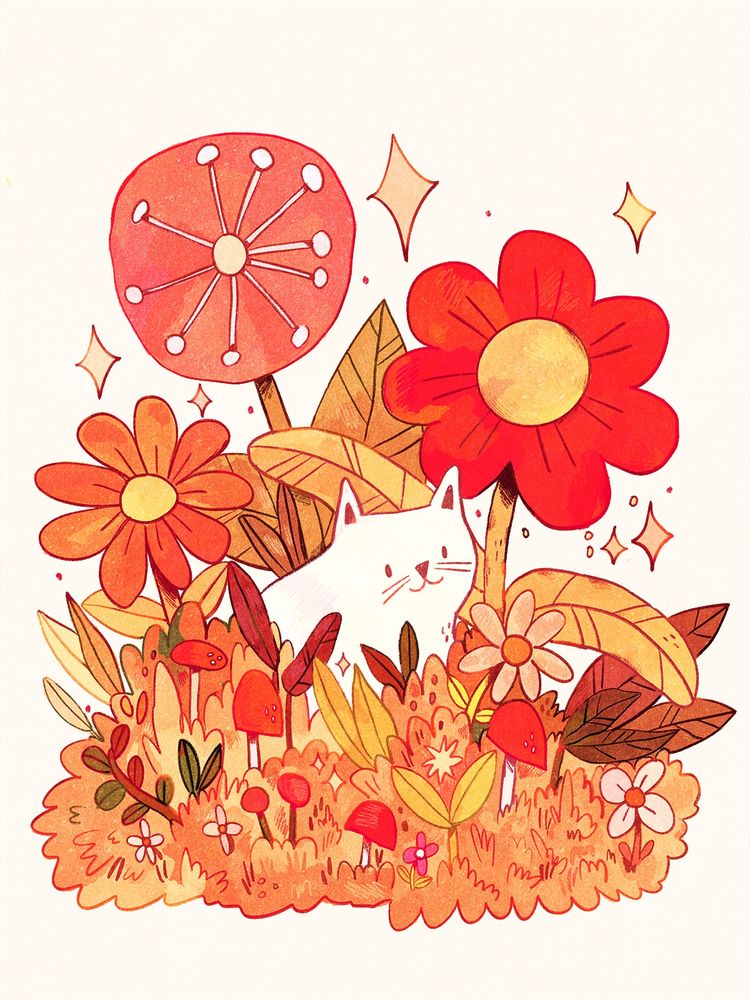 A digital drawing of a white cat sitting among red flowers and autumnal plants. There are gigantic red flowers, and some mushrooms around the place.