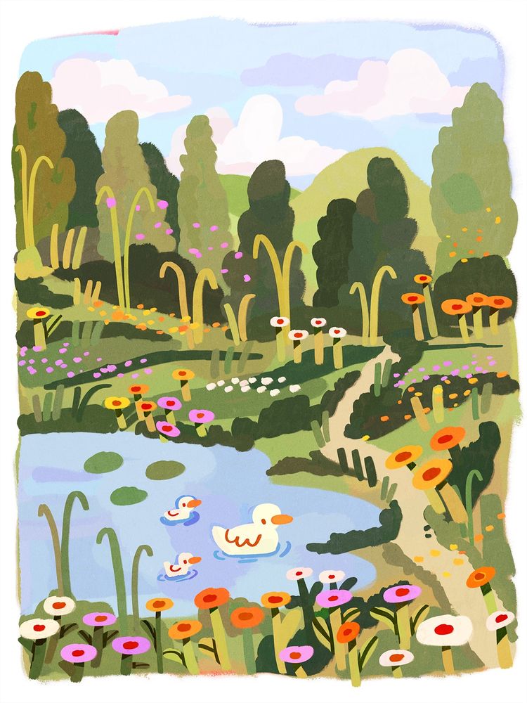 A digital drawing featuring a little landscape with a pond, ducks, a path and some trees and flowers.