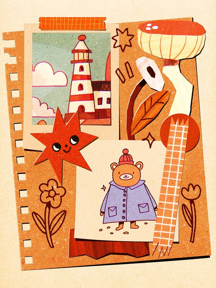 A digital collage or scrapbook with a collection of collaged elements as well as parts of drawings. There is a small drawing on a kind of polaroid frame with a lighthouse inside of it, there is some fake washi tape around, a mushroom, a flower, a bear wearing a coat and some doodles. The colours are warm and vibrant. 
