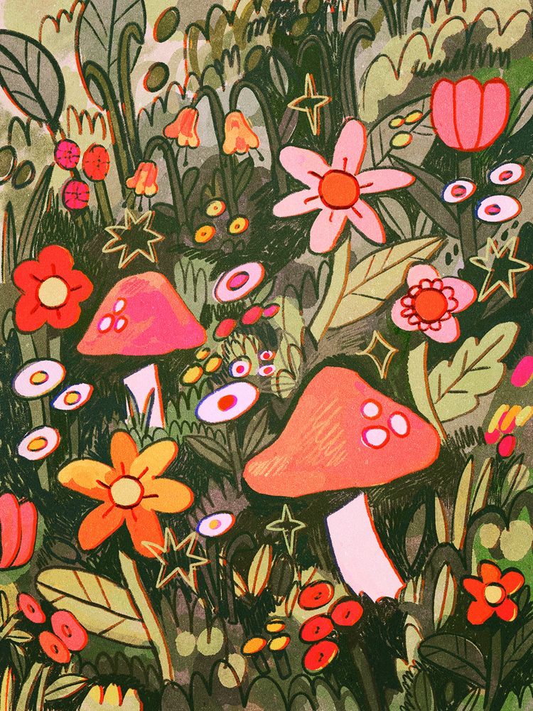 A digital drawing of a closeup view of the forest floor, with flowers, shrubs, leaves, and mushrooms. The colours are kind of muted but also vibrant at the same time, with soft greens, vibrant reds and oranges and some different shades of pink.