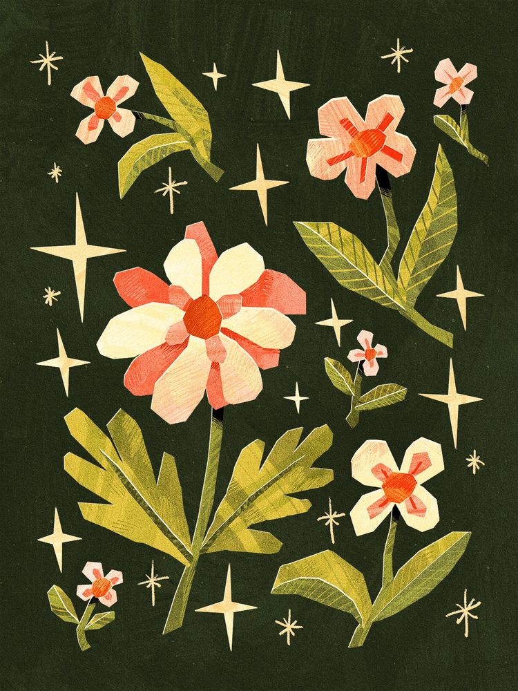 A digital drawing in a paintted paper collage style, featuring some flowers  against a dark background.