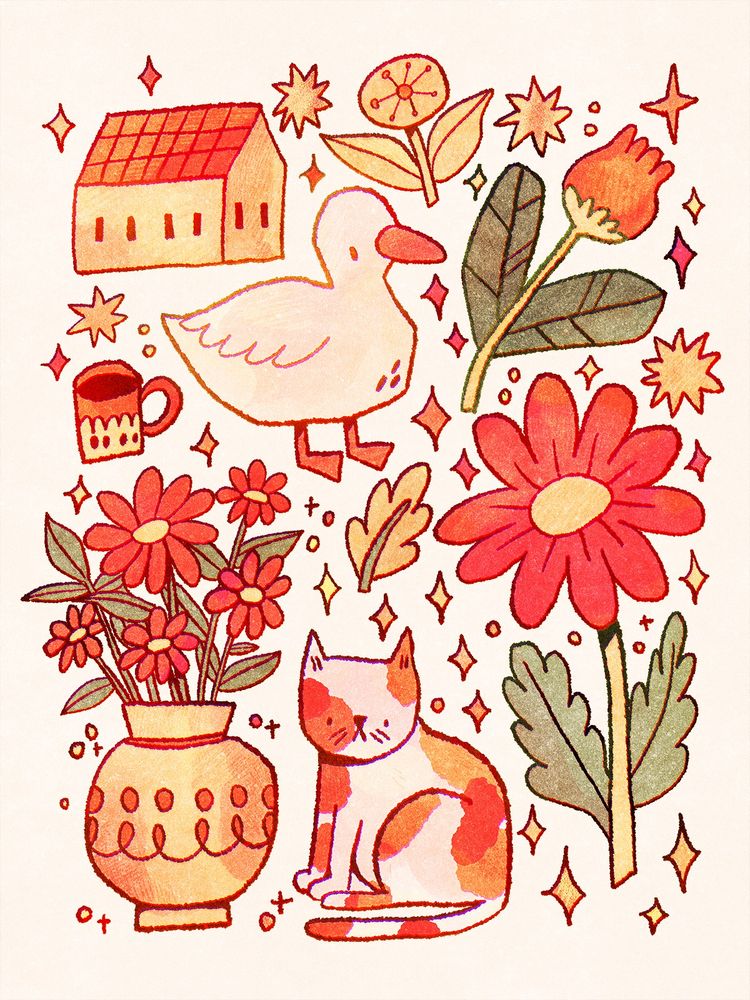 A digital drawing of cute drawings and doodles scattered on  a page. There's a house, flowers, a duck, a vase of flowers, and a cat.