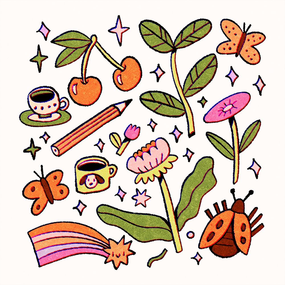 A digital drawing featuring some cute items scattered on a page: cups of coffee, flowers, butterflies, a shooting star, a ladybug and a pencil. They're filled in with bright and cheery colours of red, green and pink.