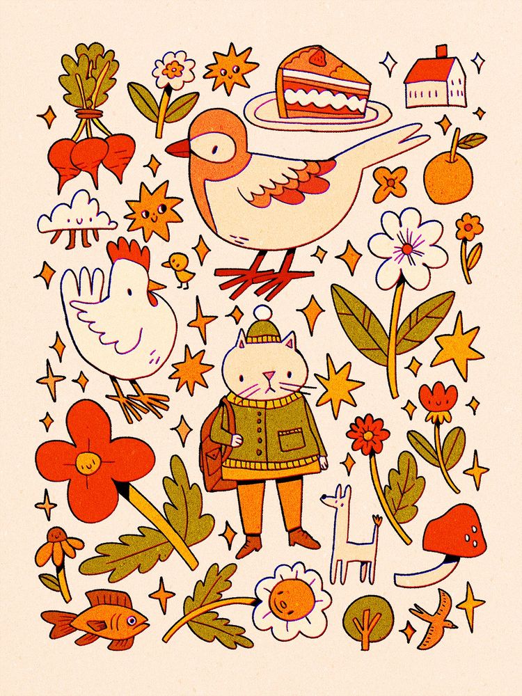 A digital drawing of lots of cute stuff scattered on a page: birds, a chicken, a cat wearing a jacket and a backpack over one shoulder, a dog, flowers, a mushroom, a fish, a slice of cake and some beets. The background colour is a warm white.