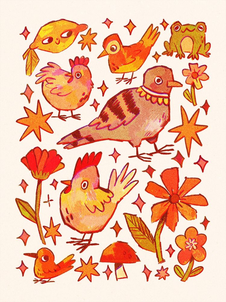 A digital drawing with a bunch of birds, a frog, and flowers. It has a kind of looser, sketchy styles with vibrant colours.