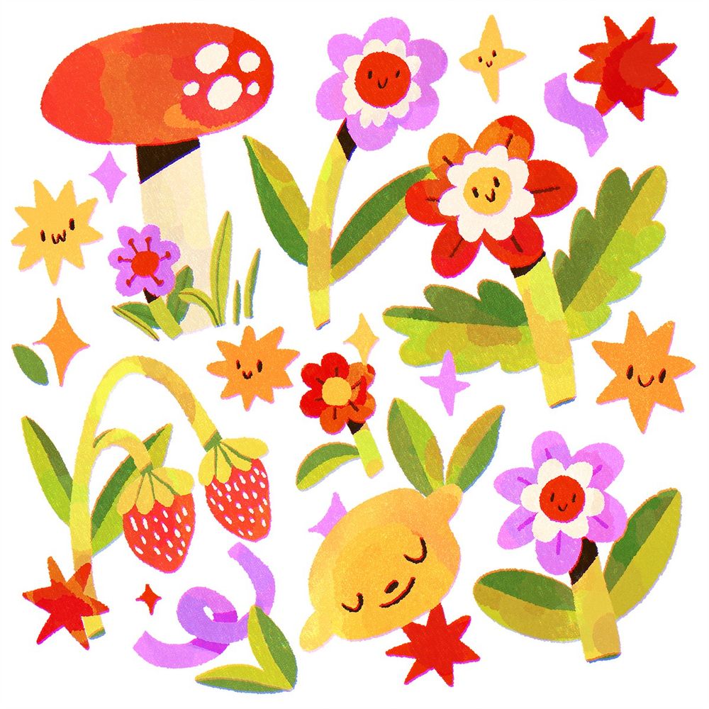 A digital drawing featuring some flowers, mushrooms and berries scattered on a page. There is also a lemon with a content face on it, and some of the flowers and sparkles also have smiley faces!