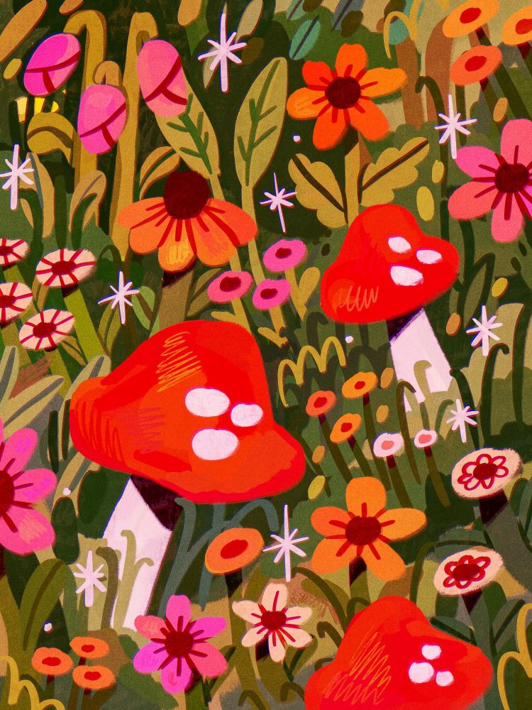 A digital drawing of lots of flowers, mushrooms and leaves as seen from almost ground level. The colours are warm and vibrant.
