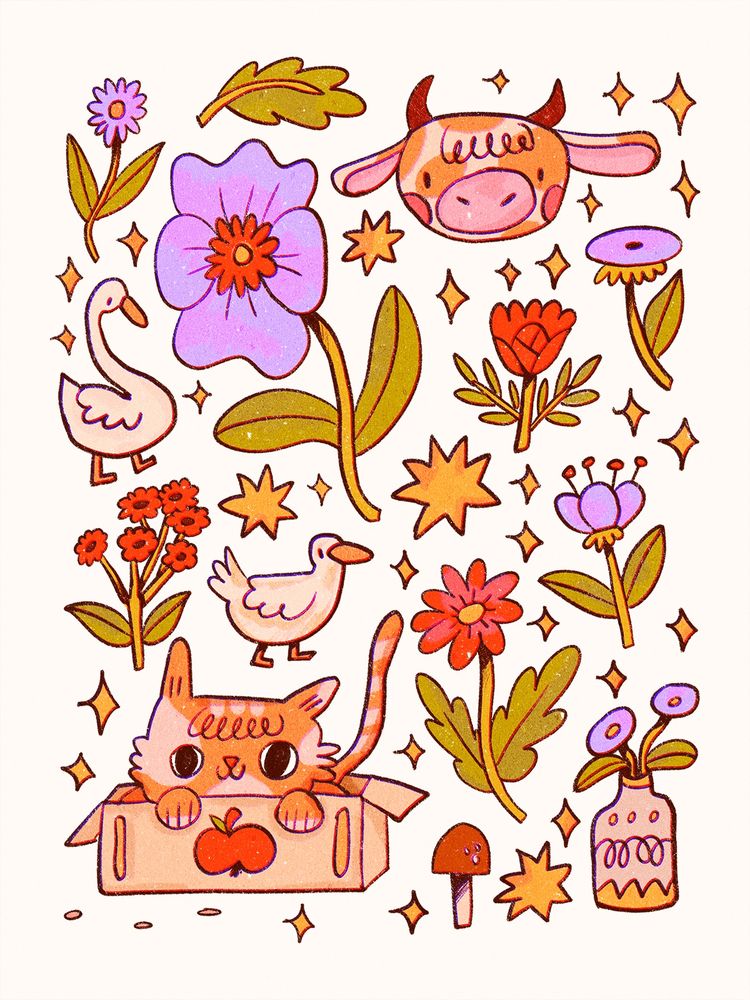 a digital drawing of some cute things scattered on a page: flowers, a cow, a cat in a box, some birds and a vase.