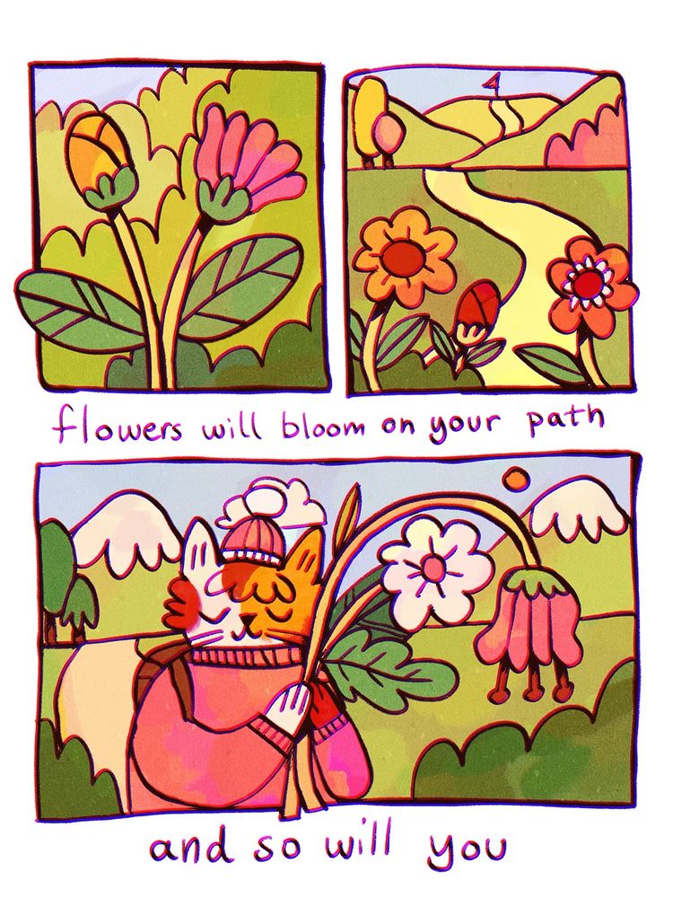 A digital drawing showing a short three panel comic, with some flowers in the first panel, a flowers along a path in the second, and a cat character holding giant flowers looking content in the bottom one. On the page is the text ”flowers w