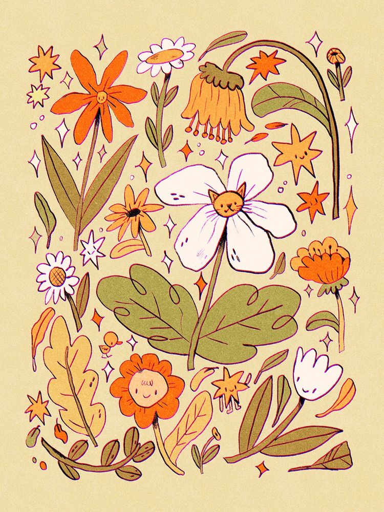 A digital drawing of lots of flowers scattered on a page. One of the flower has a cat face in the middle, and other flowers just smiling faces. There are warm green leaves and sparkles in between the flowers.