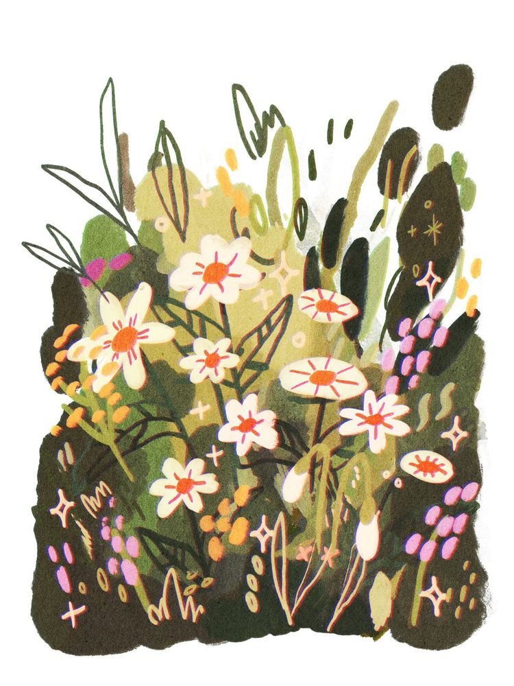 A digital drawing of some loose and "blobby" flowers, with very simple, stylised shapes and an almost abstract look.