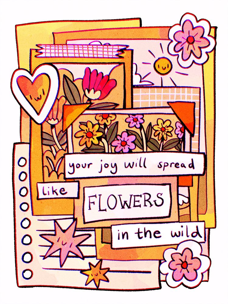 A digital drawing of an assortment of papers and photos stacked ont op of each other, with stickers and tape around them. On top of them all is the text 