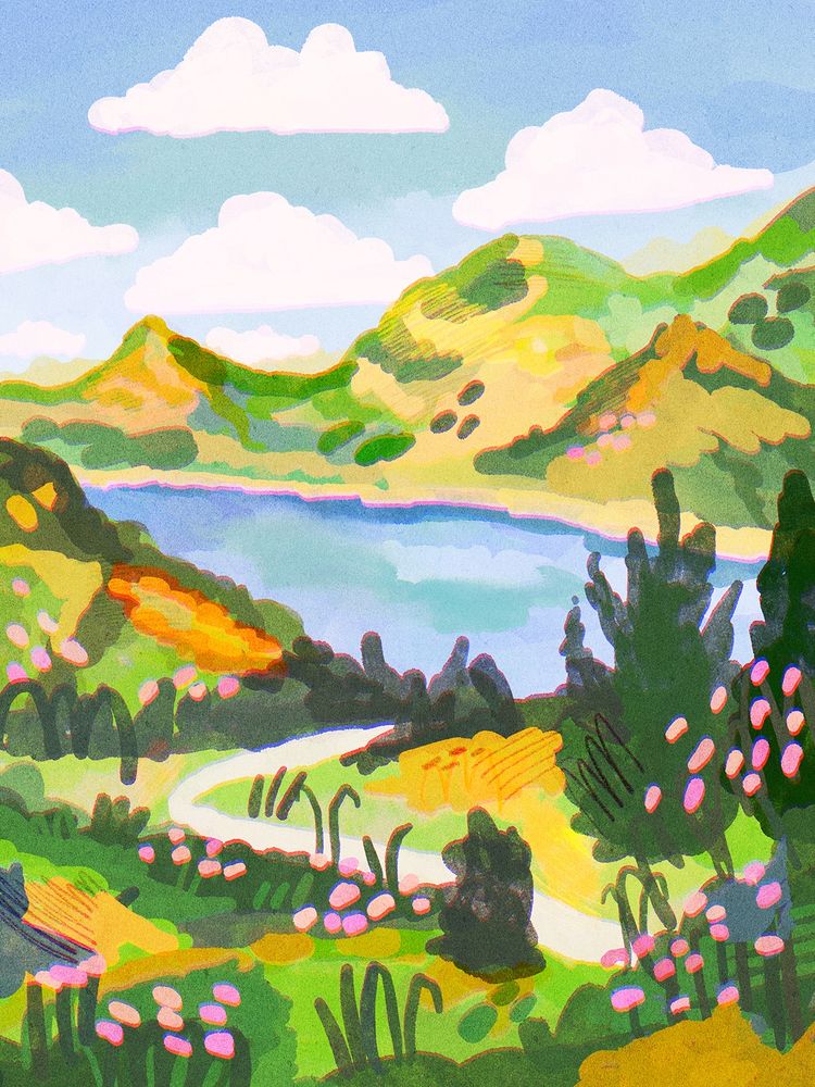 A digital drawing featuring a playful, stylised landscape with lots of simple shapes, making out a mountain landscape with a lake and a path.