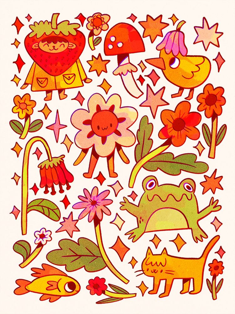 A digital drawing featuring lots of cute little items and characters scattered on the page: a strawberry guy, a bird, a flower character, a frog, a cat and a fish. Also lots of flowers.
