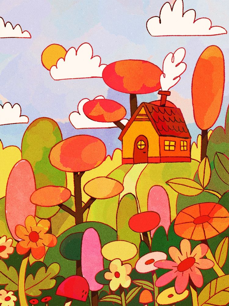 A digital drawing of a hilly landscape with flowers, trees and a cottage. The colours are warm and vibrant.