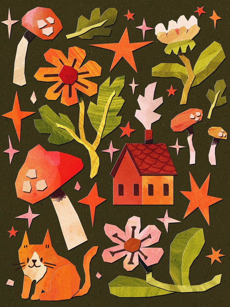 A digital drawing in a painted paper collage style, featuring little items scattered on a dark background. There are mushrooms, a cat, flowers, a house and sparkles.