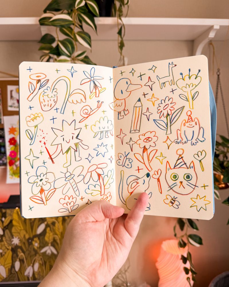 A photo of an open sketchbook held in front of a wall. Inside the sketchbook are doodles made with a colour changing rainbow pencil, and features flowers, animals and silly little guys.