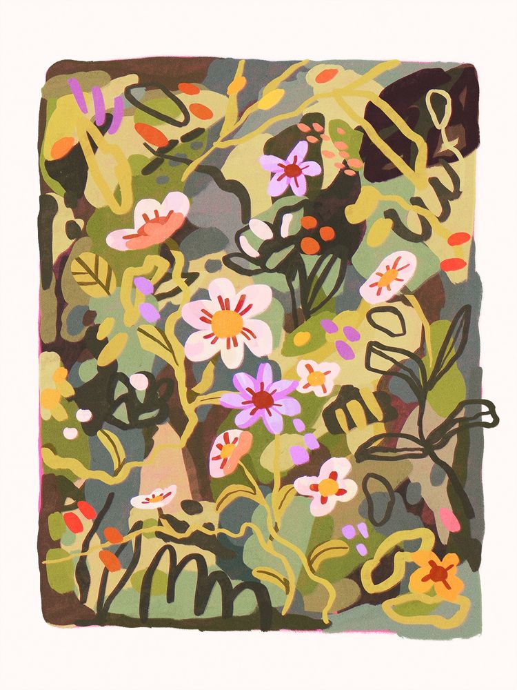 A digital drawing featuring a page basically abstract leaves, flowers and stems. It has soft green colours, purple and orange.
