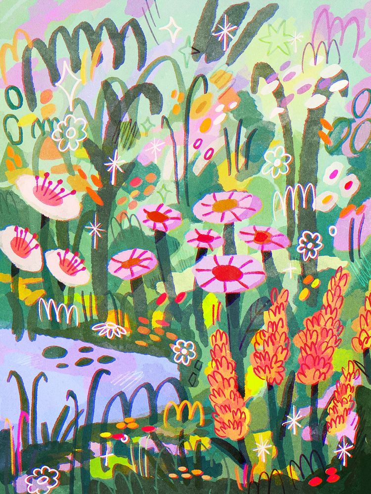 A digital drawing of a page full of loose and fun marks making out a floral composition with a little pond, lots of flowers in different colours and  abstract shapes and leaves. The colours are mostly cool greens, purple and pink, and orange.