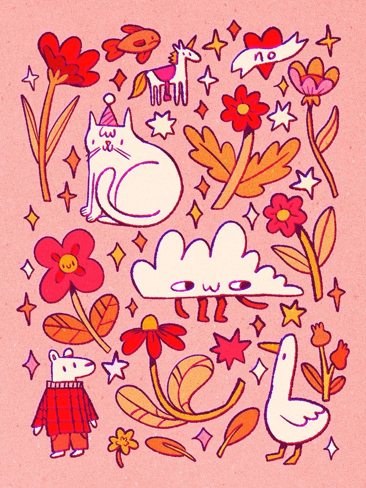 A digital drawing featuring a pink background and doodles covering it. The doodles consist of a cat wearing a party hat, flowers, a cloud character, a little bear with a big sweater, a goose, and a unicorn.