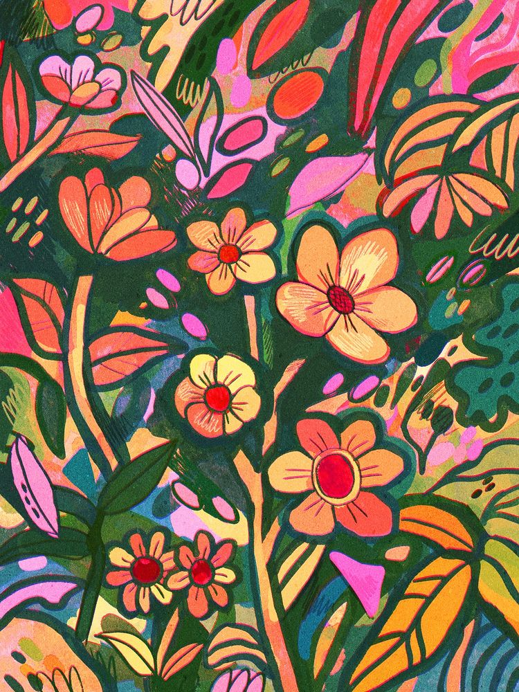 A digital drawing featuring a page full of abstract shapes and stylised flowers and leaves, in vibrant colours.