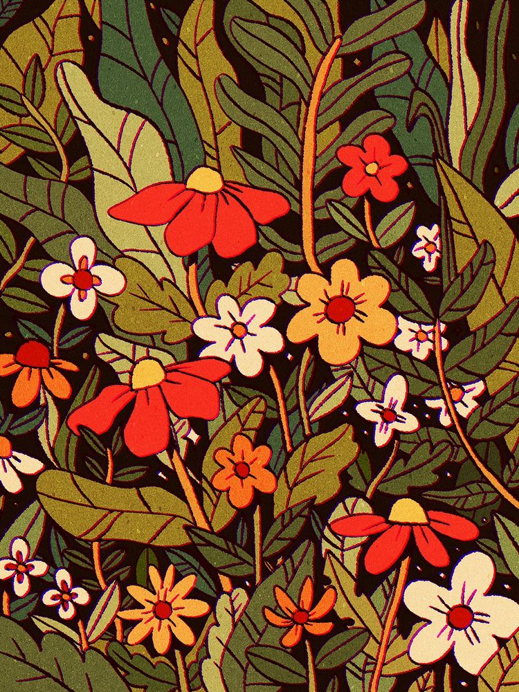 A digital drawing of a page filler with flowers and leaves. Lots of warm green leaves and flowers in bright red, white or yellow. 
