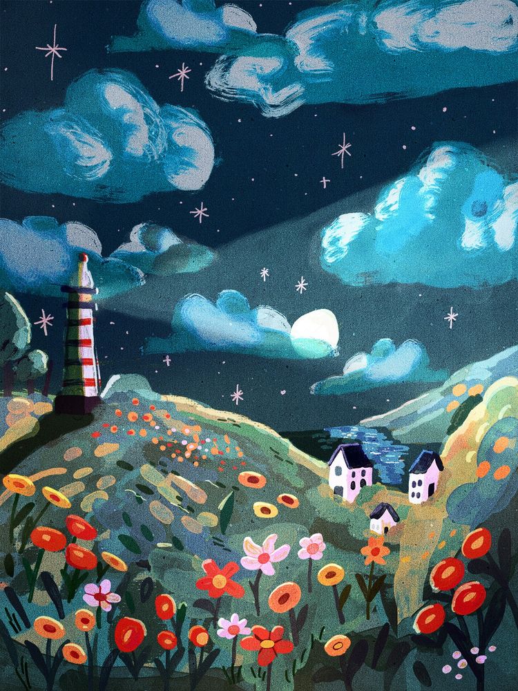 A digital drawing of a hilly landscape at night. To the left is a lighthouse, shining on the three houses down in the valley.