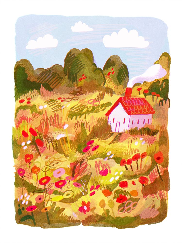 A digital drawing featuring a warm toned field with lots of red flowers, and a little white cottage with smoke coming out of the chimney. The landscape is drawn in a very loose way, with lots of expressive scribbles.