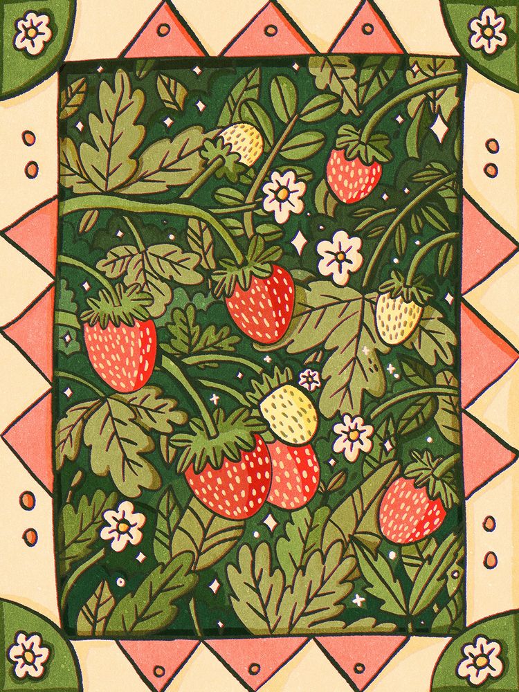 A digital drawing of a page filled with leaves and strawberries, surrounded by a decorative drawn frame with flowers and triangles. The strawberries are red and white, with some flowers scattered about, and the leaves are lots of lush shades of green.
