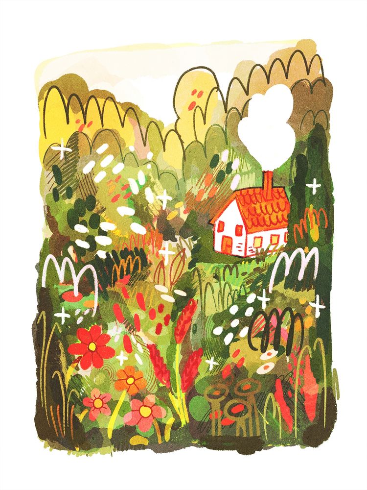 A digital drawing of a playful, semi-abstract landscape with lots of loose brush strokes and marks. It features a little cottage with smoke coming out of the chimney.