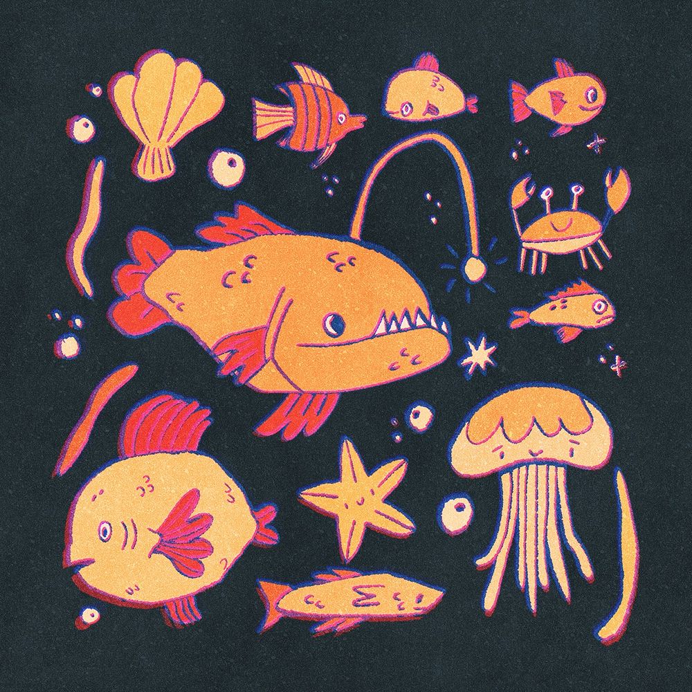 A digital drawing of some orange fish scattered around a page with a dark background. There's an anglerfish, a jellyfish, and some other different fish.