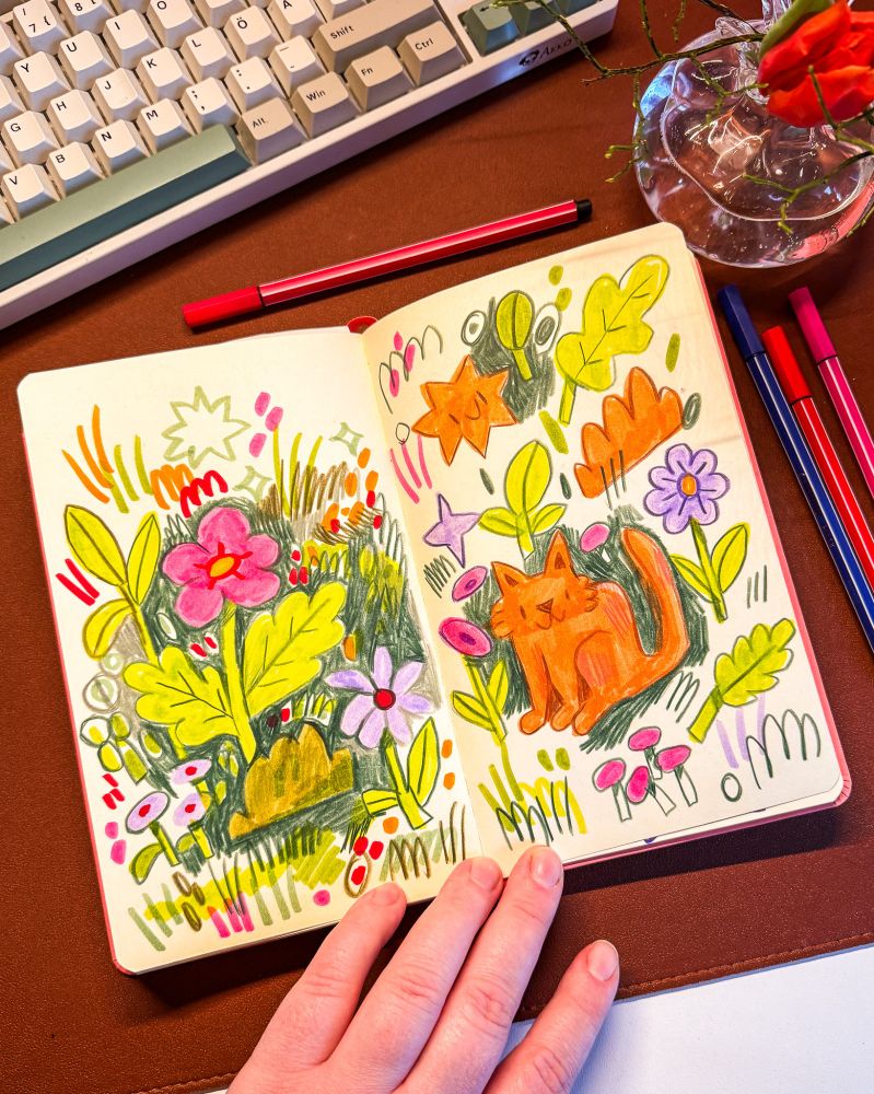 A photo of my sketchbook on my desk, with some scribbly flowers and a cat inside. My hand holds the sketchbook down, and there are pens and a vase of flowers seen in the picture.