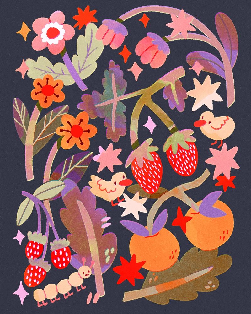 A digital drawing featuring fruits, berries, flowers and leaves scattered on the page. There are also some birds and a caterpillar. The colours use purple, orange and red.