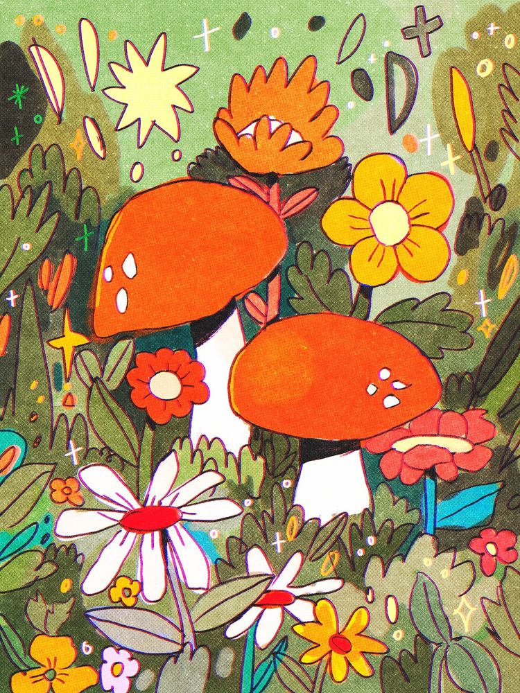 A loose drawing showing some mushrooms and flowers as seen from ground level. There are lots of little scribbles and shapes to show shrubs, leaves and flowers.