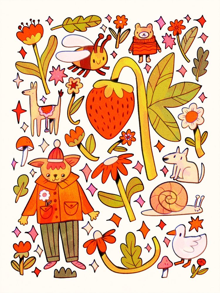 A digital drawing featuring lots of little items scattered on a page: a cat character wearing a coat and trousers, a bee, a llama of some kind, a little bear wearing a big sweater, flowers, a strawberry, a duck, a snail and so on.