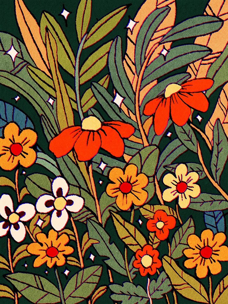 Digital drawing of a page filled with flowers and leaves, the flowers are red, yellow and white and the leads are different shades of green.