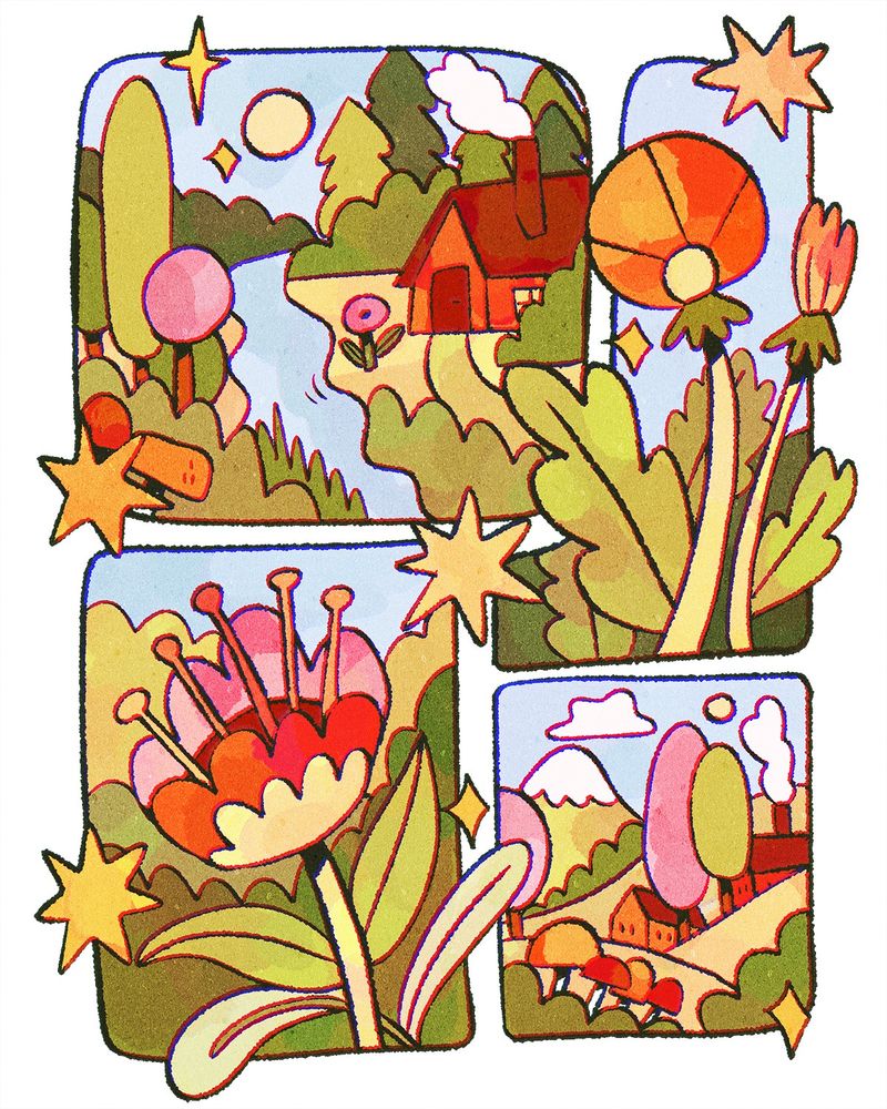 A digital drawing featuring some drawings of nature inside some panels: upper left corner has a river and a red cottage, to the right is a drawing of a dandelion, bottom left is a red and pink flower, and to the bottom right is a little landscape with some cottages. The colours are green, red,  pink and orange.