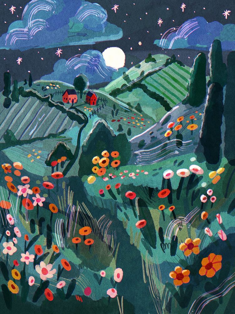 A digital drawing of a moonlit landscape, will cool green hills and trees, and in the distance the moon is peeking out behind the clouds. There are farms and cottages on the hills, and lots of flowers.