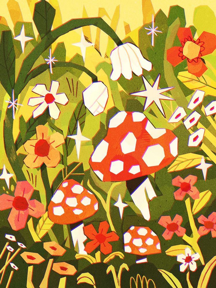 A digital drawing featuring a bustling scene of the ground in a forest, with flowers, mushrooms and lots of green leaves. There is lots of texture and little scribbled textures.