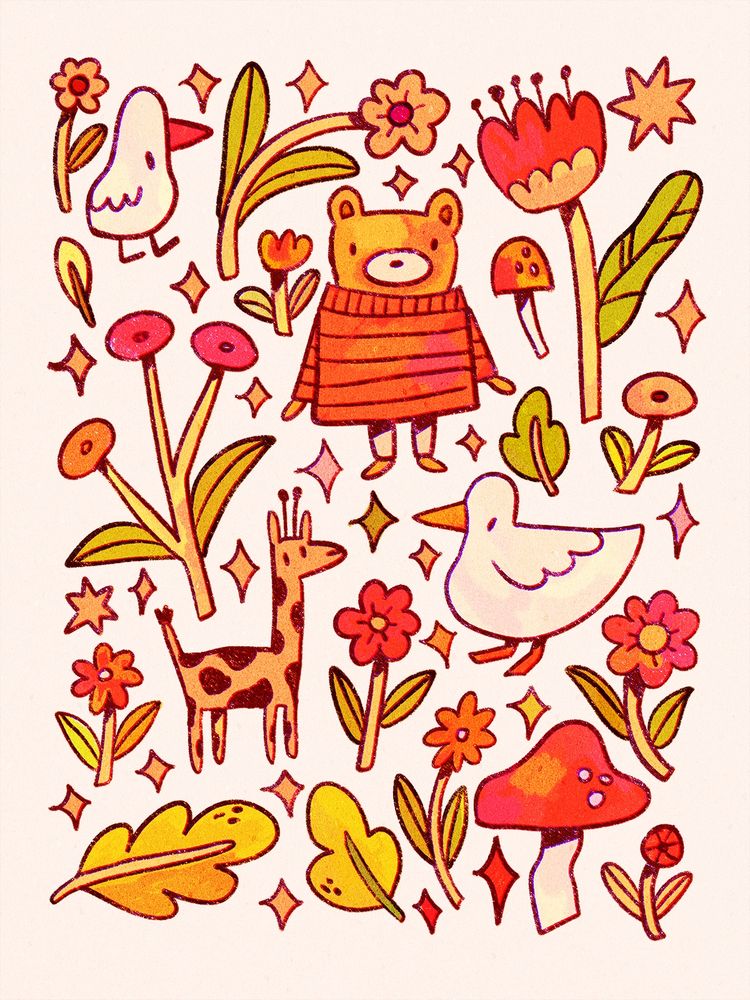 A digital drawing with lots of cute little drawn items scattered on the page: a duck, a giraffe, a bear in a big sweater, flowers and mushrooms.