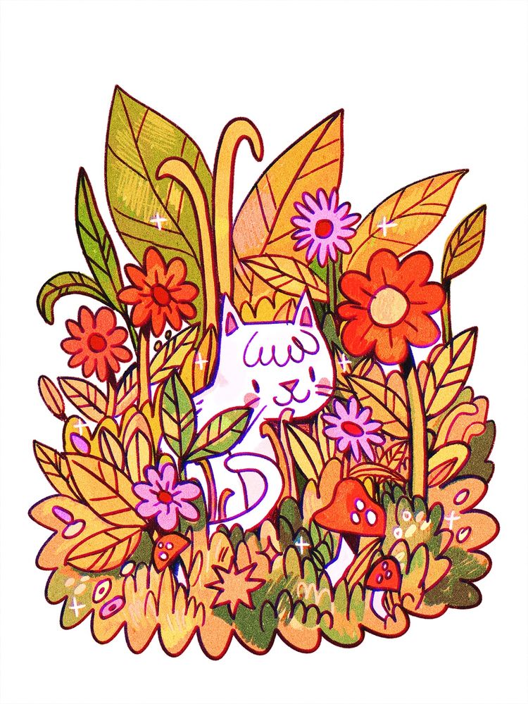 A digital drawing featuring a white cat sitting among some flowers, shrubs and mushrooms.